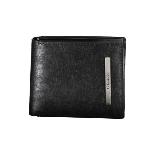 Calvin Klein sleek bifold wallet with RFID protection, eco-leather design, black color, featuring multiple compartments and card slots.