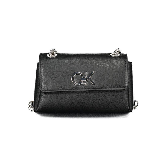 Calvin Klein black polyethylene women's handbag with twin chain handles and swivel closure, showcasing urban elegance and sophistication.