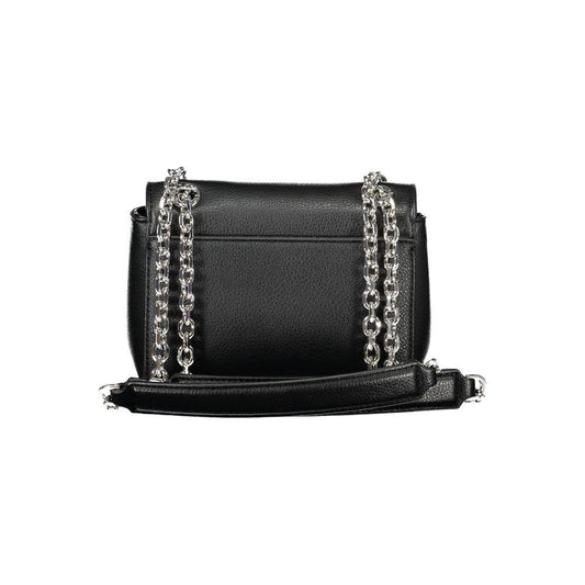 Calvin Klein black polyethylene handbag with twin chain handles and swivel closure, urban chic design.