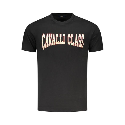 Cavalli Class black cotton men's t-shirt with bold print and logo, offering luxury and comfort for fashion-forward individuals.