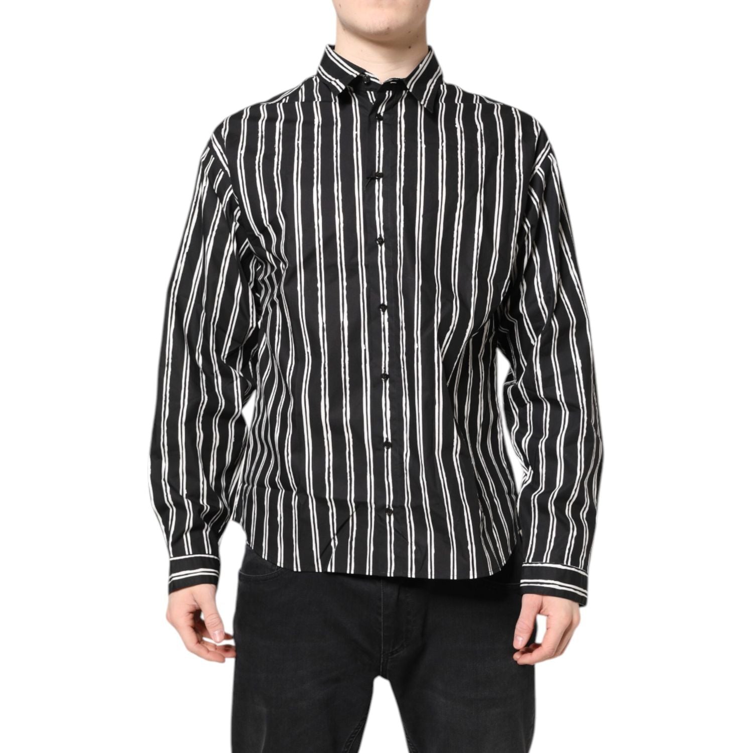 Dolce & Gabbana Black White Striped Cotton Dress Shirt