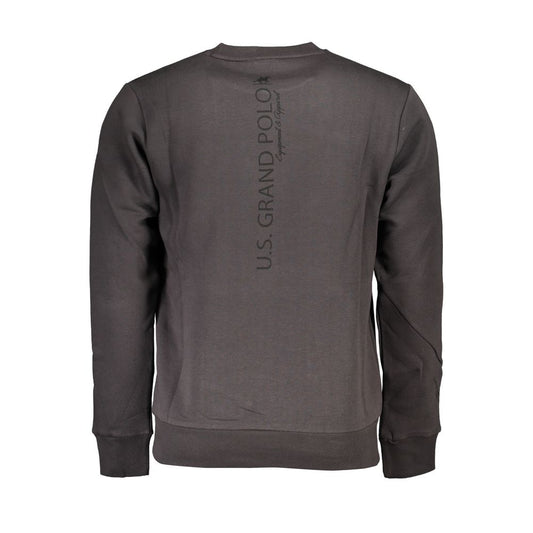Rear view of U.S. Grand Polo gray cotton men's sweater with bold logo print, showcasing luxurious and stylish fleece design.