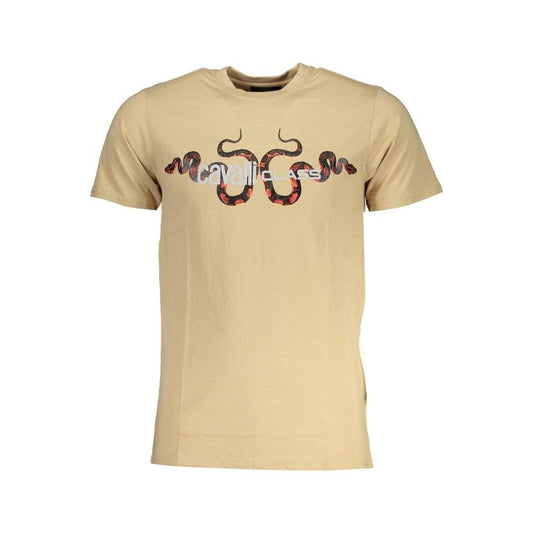 Cavalli Class beige cotton t-shirt with short sleeves, crew neck, and snake print logo design.