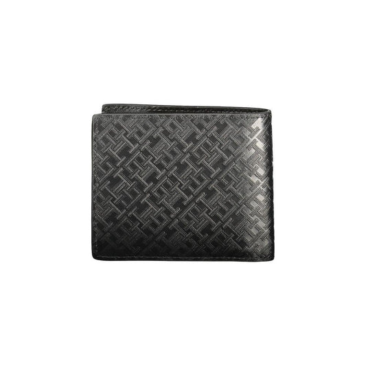 Tommy Hilfiger Black Leather Men’s Wallet with textured pattern, featuring compartments, card slots, and iconic logo design.
