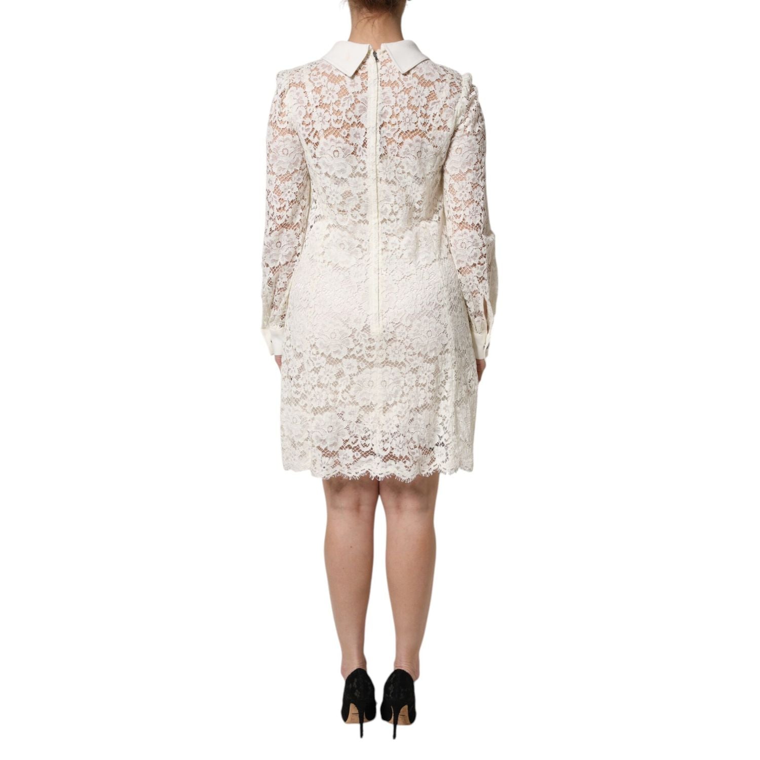 Dolce & Gabbana White Floral Lace Long Sleeves Shift Dress