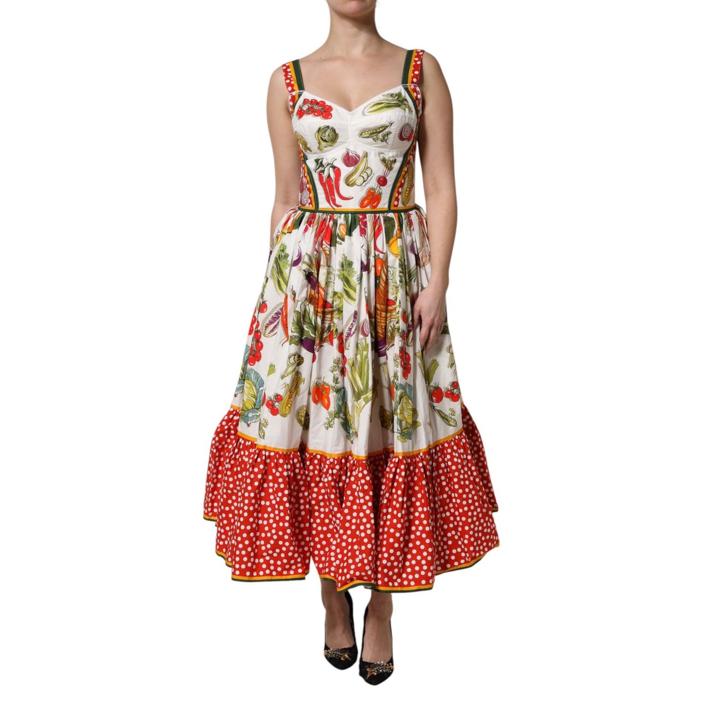 Dolce & Gabbana White Vegetables Sleeveless A-line Midi Dress