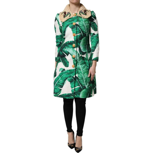 Dolce & Gabbana Multicolor Leaf Print Trenchcoat with Embellished Collar