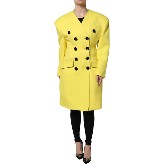 Dolce & Gabbana yellow double-breasted trench coat jacket made of virgin wool, featuring button closure and high craftsmanship.