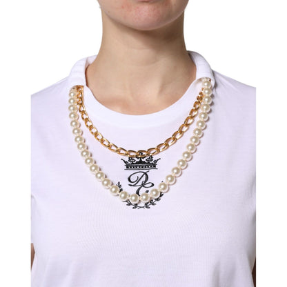 Dolce & Gabbana White Chain Pearl Cotton Round Neck T-shirt