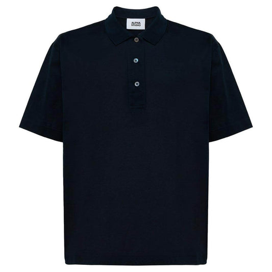 Alpha Studio blue cotton polo shirt with short sleeves and three-button collar.