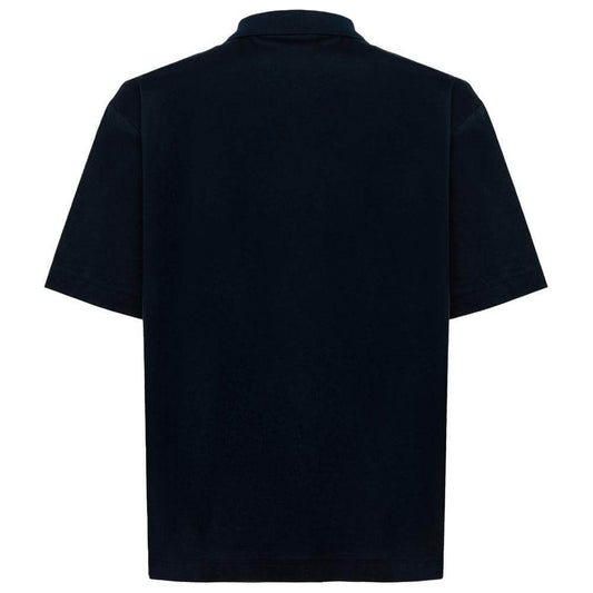 Back view of Alpha Studio blue cotton polo shirt with short sleeves and three-button collar.