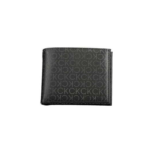 Calvin Klein black polyester men's wallet with CK logo pattern, minimalist and sleek design for modern style and functionality.