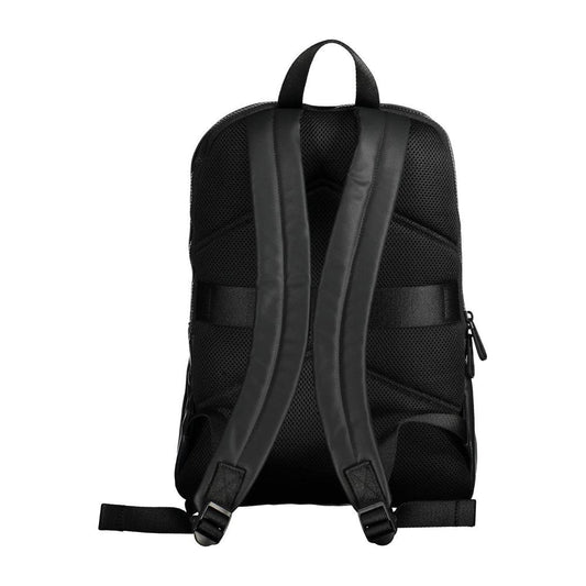 Calvin Klein black polyester men's backpack with adjustable straps, showcasing eco-friendly design and modern functionality.