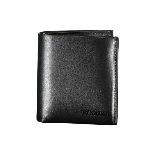 Calvin Klein sleek black leather RFID wallet with logo, modern design, security features, double card-holder, coin purse.