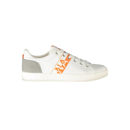 Napapijri white polyester sneaker with contrast details, laces, and logo on the side. Stylish sports footwear for men and women.