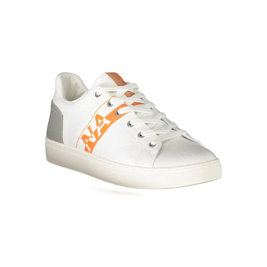 Napapijri white polyester sneaker with laces, contrast orange details, and logo design.
