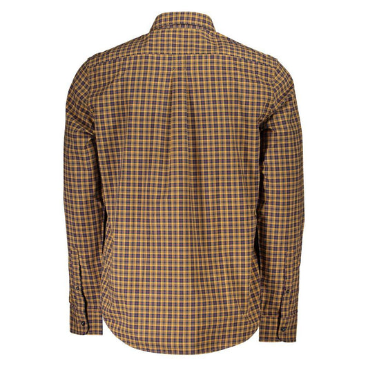 Back view of Timberland yellow tartan long sleeve cotton shirt with Italian collar and embroidered logo.