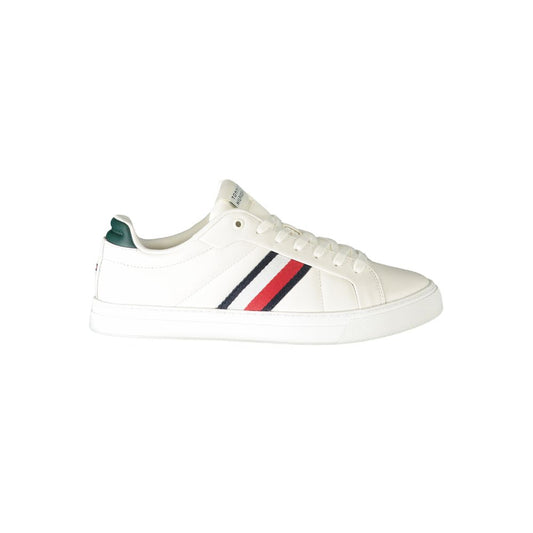 Tommy Hilfiger white leather men’s sneaker with green accents and iconic logo, blending comfort and bold style for the modern trendsetter.