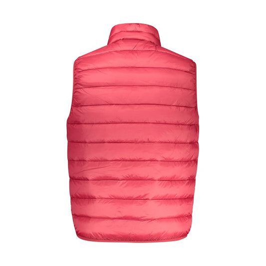 Back view of sleeveless Norway 1963 red polyamide jacket with quilted design and high collar.