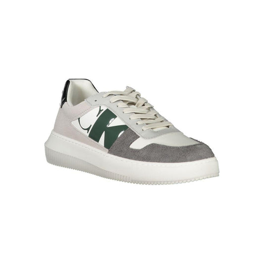Calvin Klein white sneaker with grey-green-black contrast, lace-up design, recycled rubber sole for men.