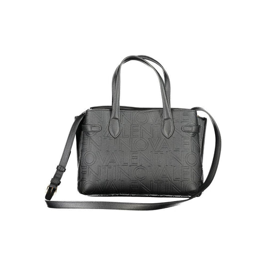 Valentino black polyethylene handbag with two handles, adjustable and removable shoulder straps, and logo design.