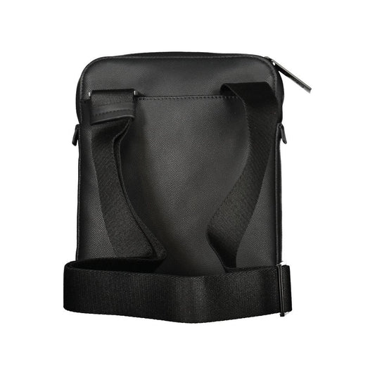 Calvin Klein black polyester men's shoulder bag with adjustable strap, featuring iconic logo and durable eco-friendly material.