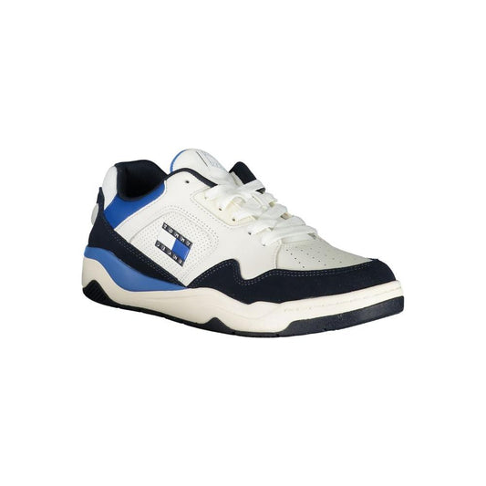 Tommy Hilfiger blue and white polyester sneaker with laces, contrast details, logo print, ideal for sports footwear enthusiasts.