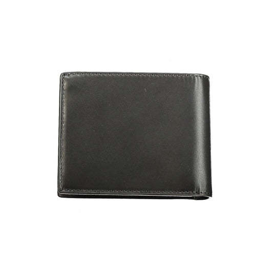 Calvin Klein black leather men’s wallet with RFID-blocking, dual compartments, coin purse, and card slots for sleek sophistication.