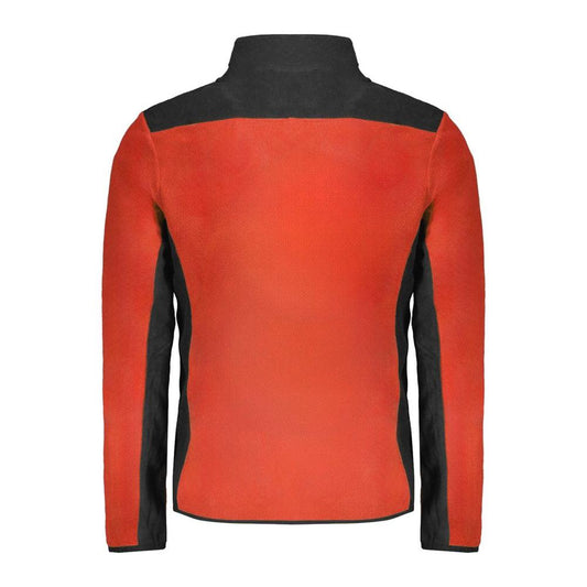 Back view of red and black Norway 1963 men's polyester sweater with long sleeves and zip pockets