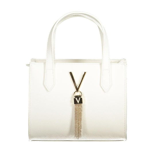 Valentino Bags white polyethylene handbag with gold logo and tassel, featuring twin handles and zip closure for elegant style.