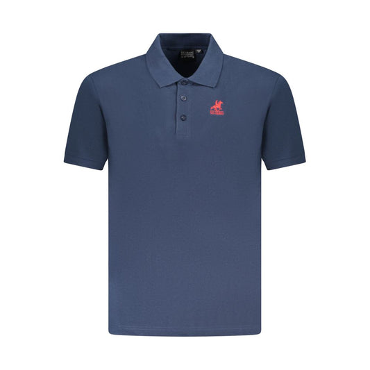 U.S. Grand Polo blue cotton men's polo shirt with short sleeves and red logo embroidery, featuring a classic collar and three-button placket.