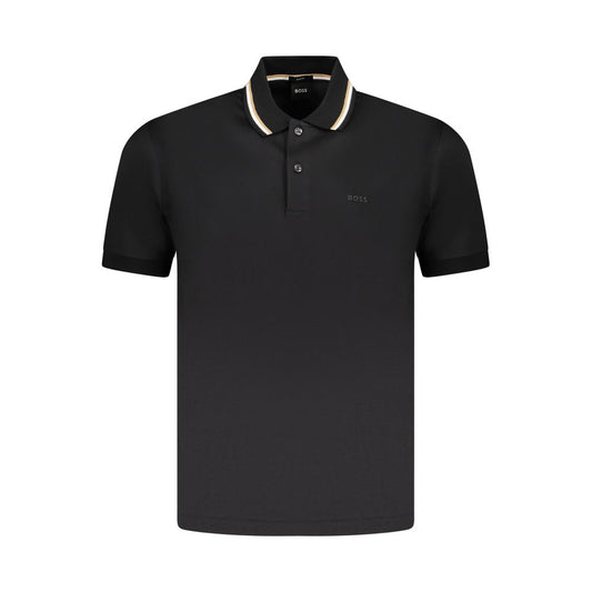 Hugo Boss black cotton slim-fit men's polo shirt with short sleeves, contrasting collar details, and logo print, ideal for a polished look.