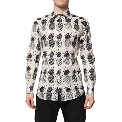 Dolce & Gabbana White Pineapple Print Long Sleeve GOLD Shirt