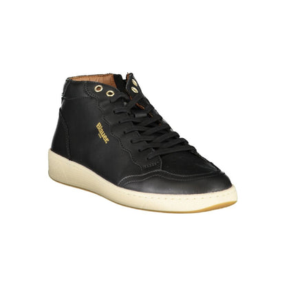 Blauer Black Polyester Sneaker, high-top with laces and side zip, featuring logo print on the side.