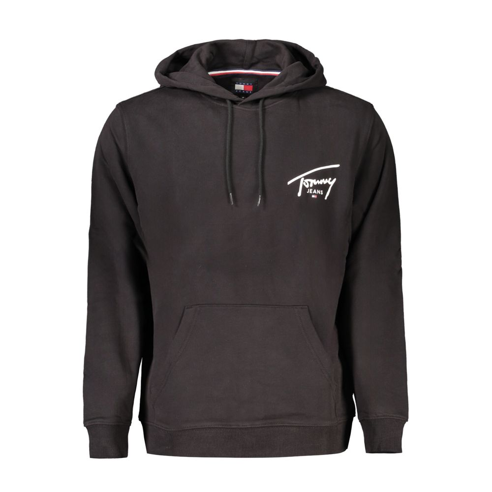 Tommy Hilfiger Black Cotton Men Sweater with logo, hood, and central pocket, crafted from 95% regenerative cotton for urban chic style.