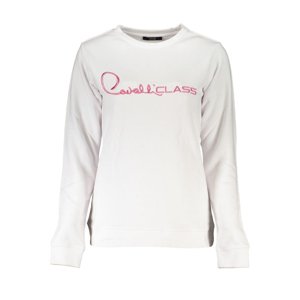 Cavalli Class White Cotton Women Sweater with embroidered logo on front, long sleeves, showcasing luxury fashion and comfort.