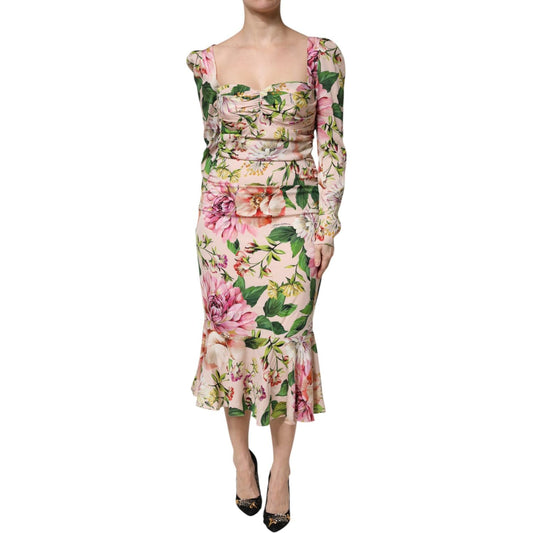 Dolce & Gabbana Pink Floral Silk Fit And Flared Midi Dress