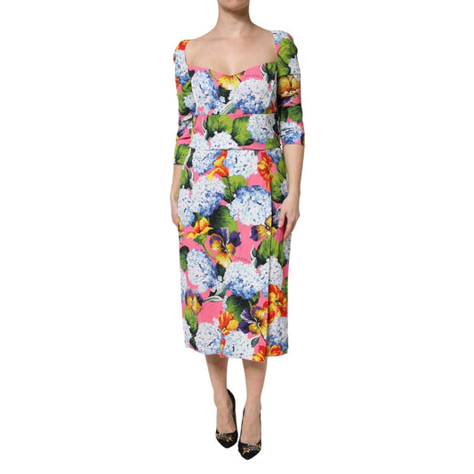Dolce & Gabbana Multicolor Floral Pleated Sheath Midi  Dress