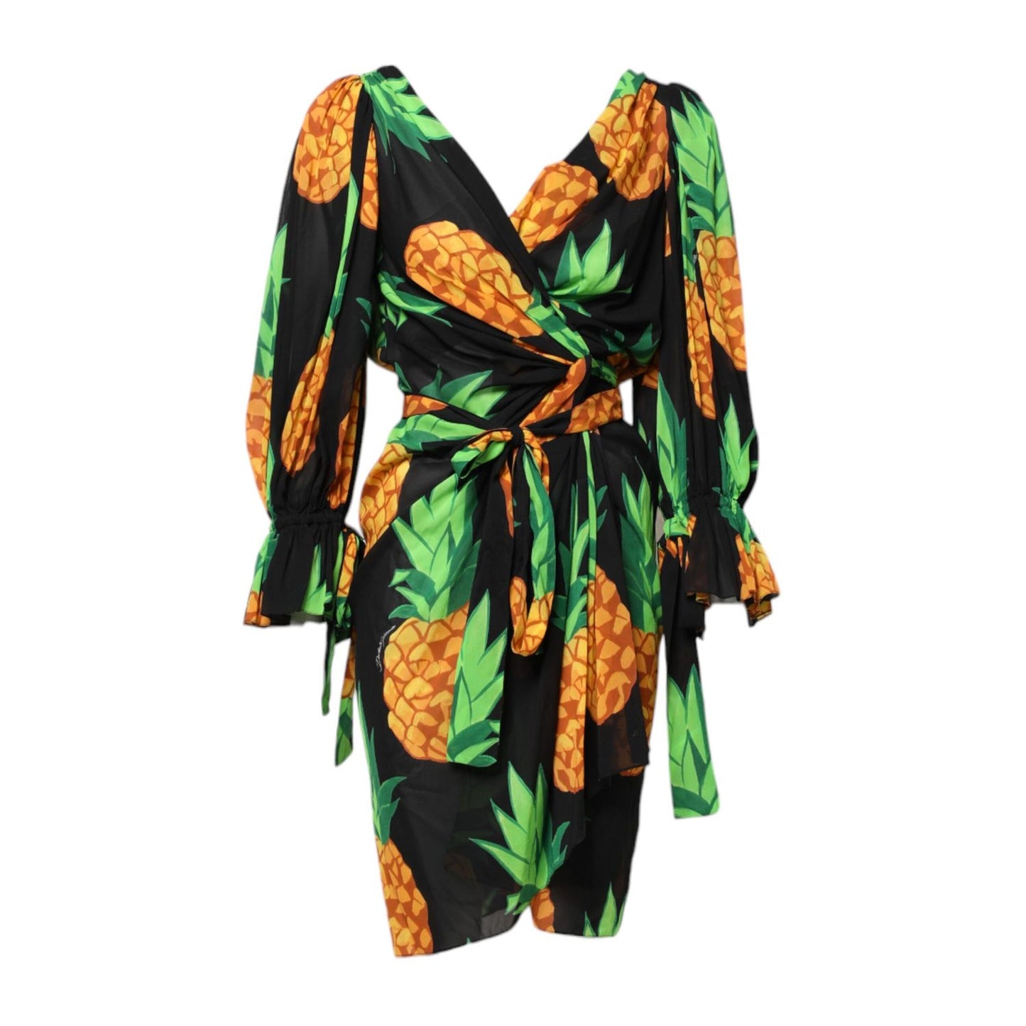 Dolce & Gabbana Black Pineapple Print Silk Wrap Mini Dress