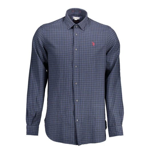 U.S. POLO ASSN. Blue Cotton Men Shirt with long sleeves and French collar, embroidered logo on chest, crafted for sophistication and comfort.