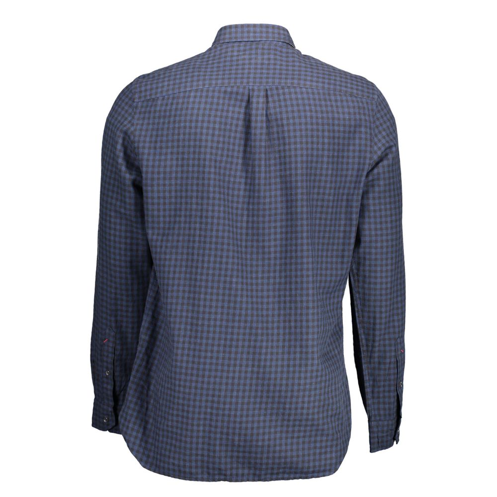 Back view of U.S. POLO ASSN. Blue Cotton Men Shirt, featuring blue checkered pattern, French collar, and single-button cuffs for elegant style.