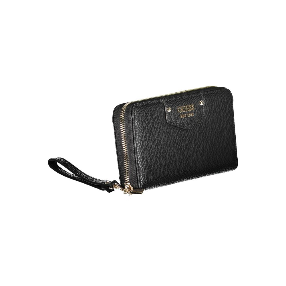 Guess Jeans Black Polyethylene Women Wallet with zip closure, multiple compartments, and sleek design.