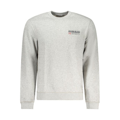 Napapijri Gray Cotton Men Sweater with crew neck and bold logo print, front view showcasing sleek design and regular fit.
