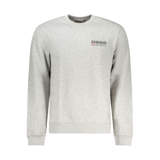 Napapijri Gray Cotton Men Sweater with crew neck and bold logo print, front view showcasing sleek design and regular fit.