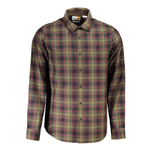 Timberland Green Cotton Shirt with tartan pattern, long sleeves, Italian collar, logo embroidery, and button cuffs.