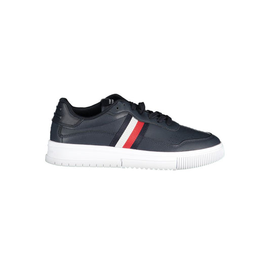 Tommy Hilfiger Blue Leather Men Sneaker with contrasting details and iconic logo, stylish sports footwear for trendsetters.