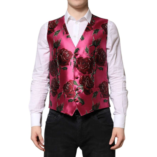 Dolce & Gabbana Pink Floral Satin Formal Men Waistcoat Vest TSH90470-50