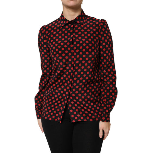 Dolce & Gabbana Black Red Polka Dot Silk Long Sleeves Top