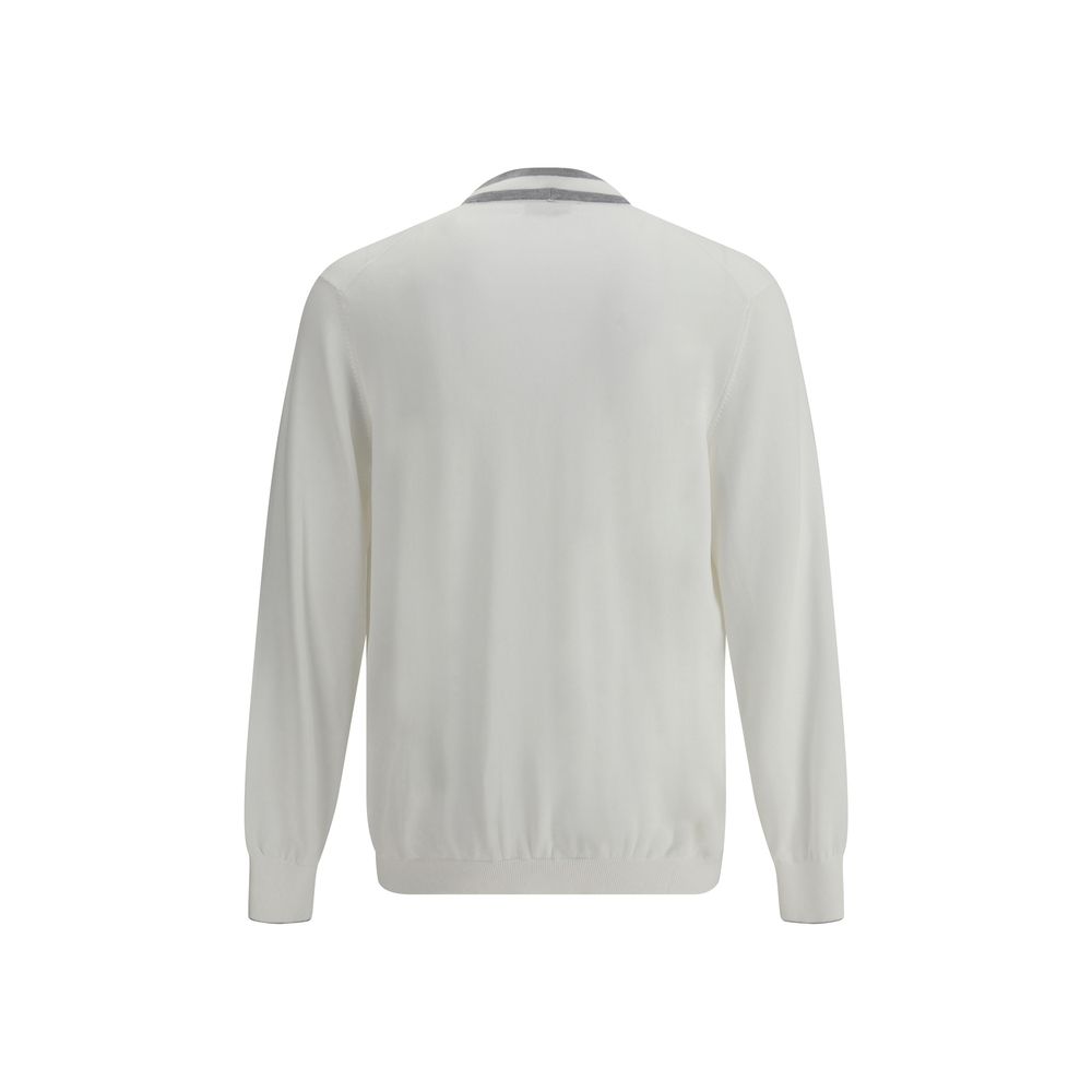 Back view of Brunello Cucinelli Cotton Cardigan featuring ribbed cuffs and hem in a classic white color for a timeless look.