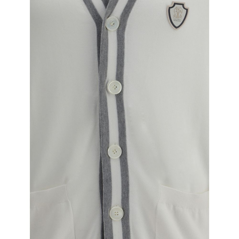Front view of Brunello Cucinelli Cotton Cardigan with buttons, pockets, and monogram patch. Elegant and practical design.